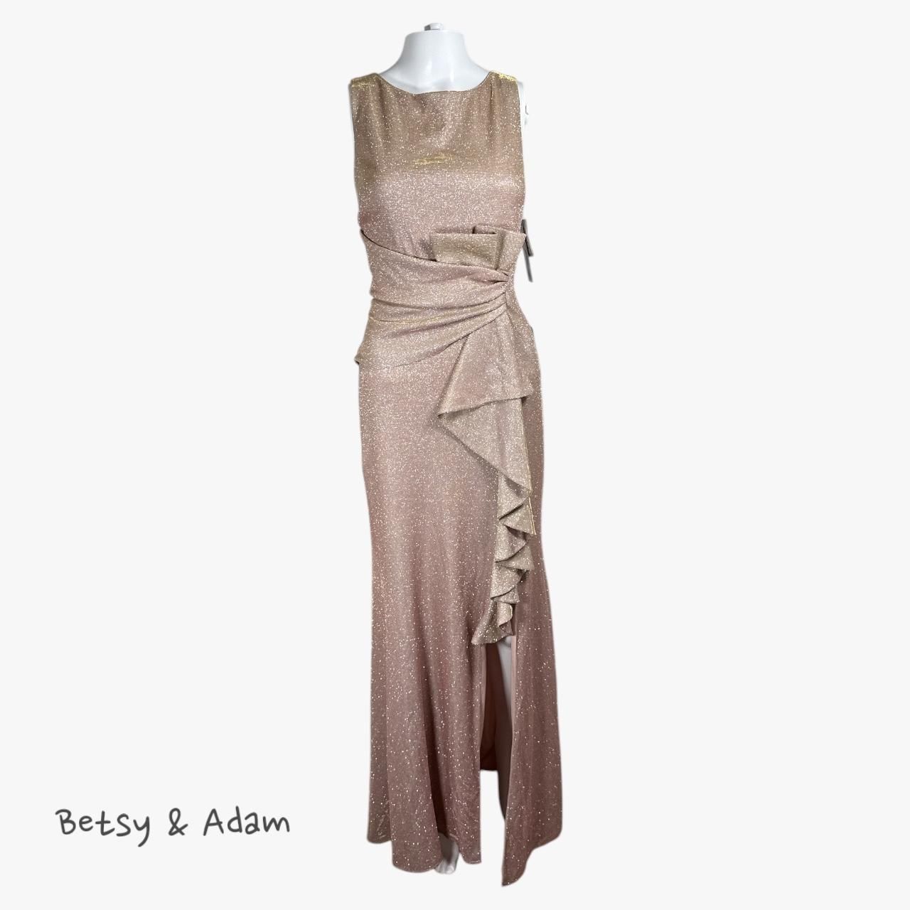 Betsy & Adam Women's Galaxy Glitter Pink Metallic Ballgown Size 8 Ruffle Formal